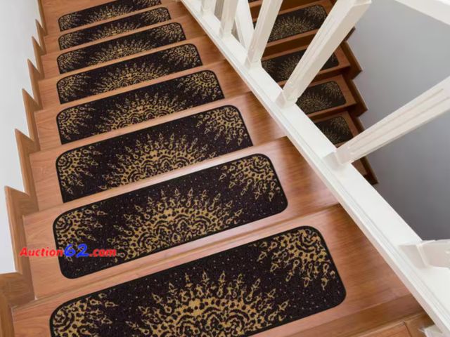 Lot 44-746b - Retail value $50- Medallion Black 26 in. x 8.5 in. Non-Slip Rubber Back Stair Tread Cover (Set of 15) 1. Appears New, A basic inspection has...