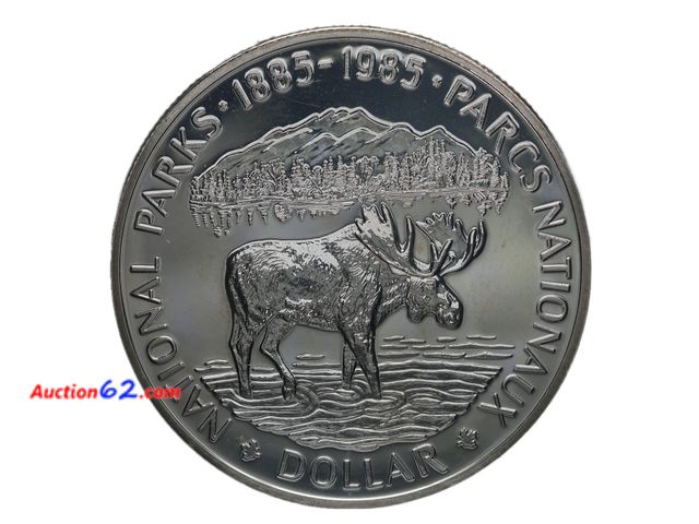 Lot 44-8330m - .375 TROY OUNCE SILVER CANADIAN PROOF DOLLAR. MINTED IN 1985 TO CELEBRATE THE 100TH ANNIV OF THE NATIONAL PARKS OF CANADA.-T