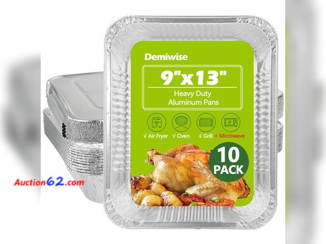 Lot 44-1143i - Demiwise Thickened 10 Pack Heavy Duty Aluminum Pans with Lids, 9x13 Aluminum Foil Pans Disposable, Half Size Steam Table Foil Baking Tray fo...
