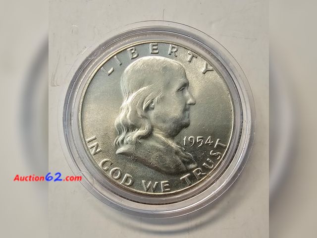 Lot 44-8327q - 1954 BENJAMIN FRANKLIN 90% SILVER HALF DOLLAR. BRILLIANT UNCIRCULATED. MINTED IN PHILADELPHIA. COMES IN A NICE AIR-TITE CAPSULE.-NT