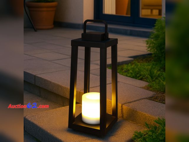 Lot 44-1174o - DANCYHOME H16 Modern Outdoor Solar Lantern – Metal Frame with Flickering LED Candle, Waterproof and Portable for Patio, Deck, or Pathway Lig...
