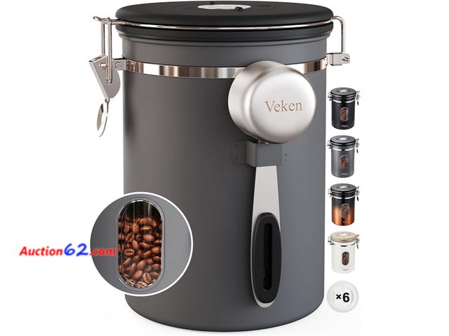 Lot 44-5286g - Veken Coffee Canister with Window,Airtight Stainless Steel Kitchen Food Storage Container, Date Tracker &amp; Scoop for Grounds Coffee, Bean...