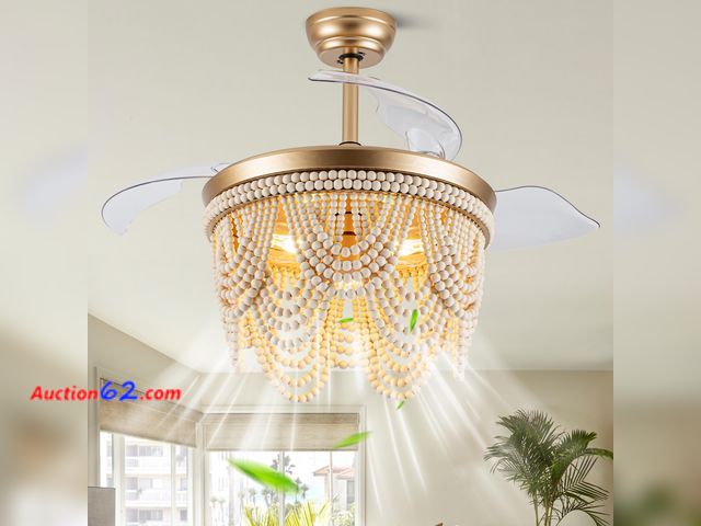 Lot 44-1623w - $159.99 Retail price - CNCMtiger 42 Inch Boho Fandelier Ceiling Fan with Light Retractable Ceiling Fan with Lights Wood Beaded Coastal Chand...