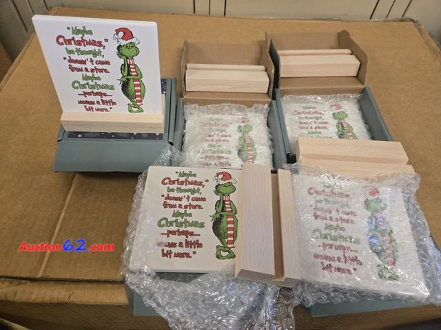 Lot 44-6911p - Lot of 5 Ceramic Grinch Print with Wood Stand for Table 4.4x4 inch Appears New, A basic inspection has been given to this item. Sold AS-IS.