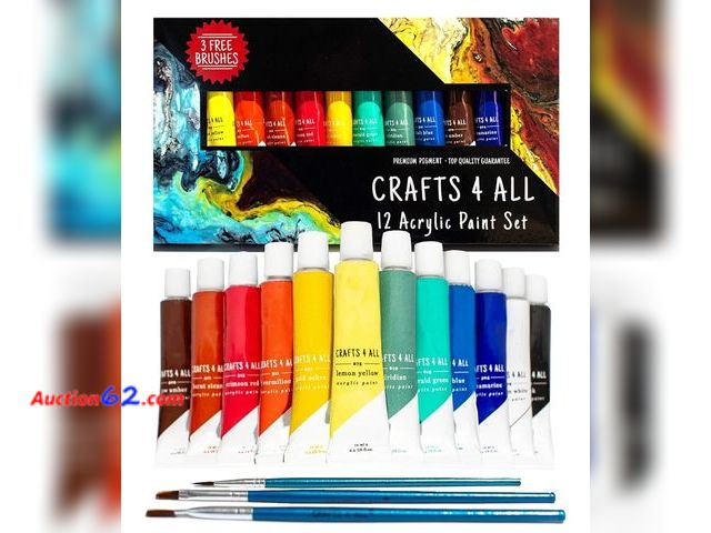 Lot 44-6509g - Acrylic Paint Set for Adults and Kids - 12 Pack of 12mL Paints with 3 Art Brushes, Non-Toxic Craft Paint Appears New