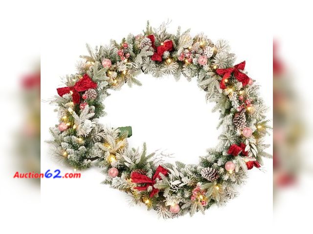 Lot 44-7394p - 9 ft pre-lit flocked Christmas garland with red balls, berries and 50 battery operated soft white LED lights with timer, artificial Holiday ...