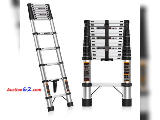 Lot 44-924 - $129.99 Retail price - Telescoping Ladder 16.5 FT Stainless Steel Extension Ladder with 2 Detachable Hooks, Portable Multi-Purpose Collapsib...