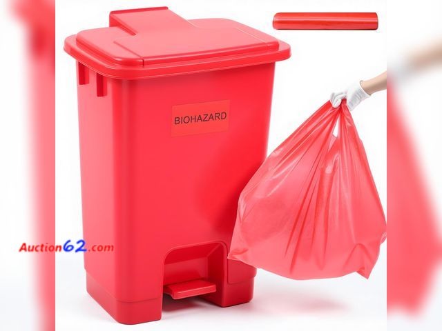 Lot 44-2586a - Geiserailie 1 Set 5.3 Gallon Biohazard Trash Can with Foot-Operated Self-Closing Lid, Biohazard Labels &amp; Bags for Lab Industrial Infecti...