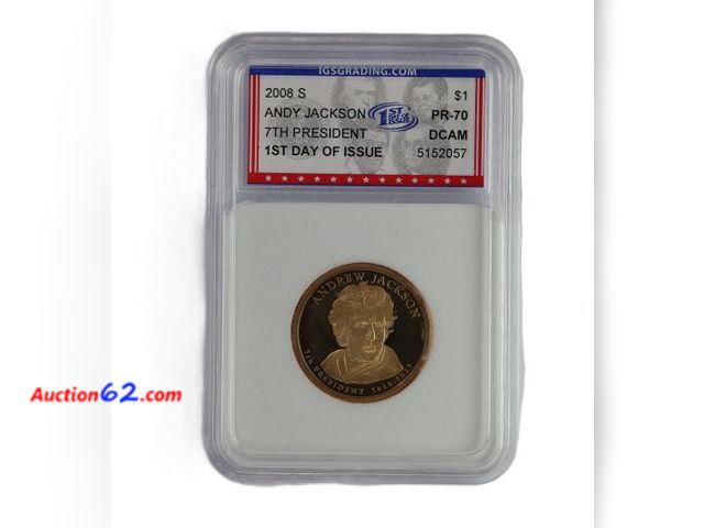 Lot 44-8361m - 2008-S ANDREW JACKSON PRESIDENTIAL DOLLAR PROOF GRADED PR-70 DCAM 1ST DAY OF ISSUE (PERFECT GRADE!) BY IGS.-NT