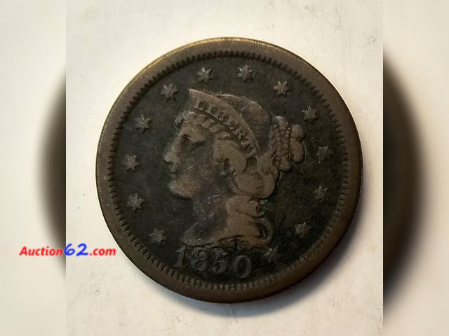 Lot 44-8371u - 1850 LIBERTY BRAIDED HAIR LARGE CENT. MINTED IN PHILADELPHIA.-NT