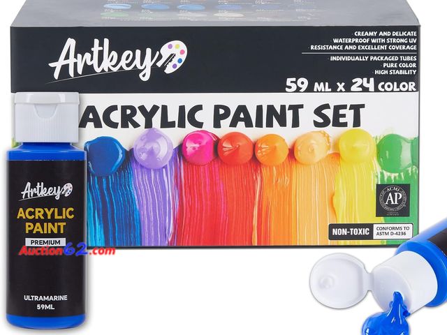 Lot 44-708p - Artkey Acrylic Paint Set - 24 colors 2 oz/59 ml Acrylic Paints Professional Artists Painting Kit for Canvases Fabric Rock Leather Easter Egg...