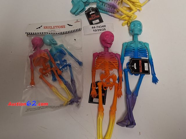 Lot 44-7434r - SKELETONS 5 count, 2 large, 2 small and dog skeleton, tie-dyed Appears New, A basic inspection has been given to this item. Sold AS-IS.