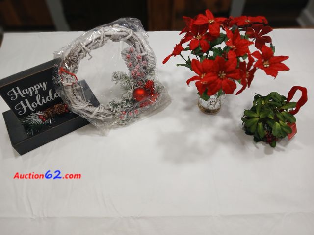 Lot 44-2005x - New . Decorated wreath in original package.  New mistletoe ball, tag price 10.00.  Vase with new flowers, measures approximately 13" tall.  ...