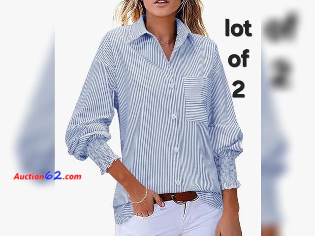 Lot 44-6617g - Lot of 2 Size Large Womens Button Down Shirts Striped Smocked Cuff Long Sleeve Blouses with Pocket Casual Collar Office Work Tops Appears Ne...