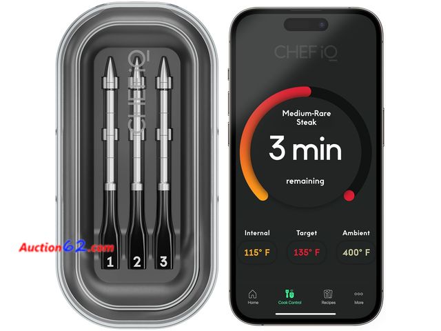 Lot 44-5284g - CHEF iQ Sense Smart Wireless Ultra-Thin Meat Thermometer, Unlimited Range, Bluetooth &amp; Wifi, - 3 Probe Set with Smart Hub. MSRP: $159.99...