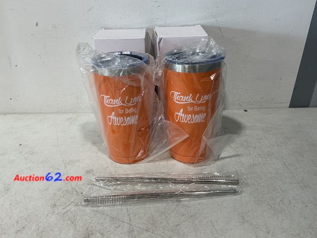 Lot 44-809 - Set of 2 Orange Tumblers with Lids and Stainless Steel Straws Not Tested See All Photo's Appears New, A basic inspection has been given to t...