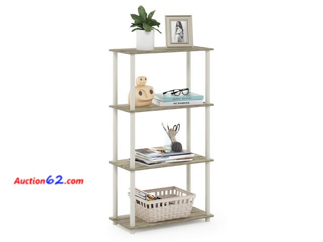 Lot 44-129a - Furinno Turn-N-Tube 4-Tier Multipurpose Shelf Display Rack, Round Tubes, Sonoma Oak/White See All Photo's Appears New, A basic inspection ha...