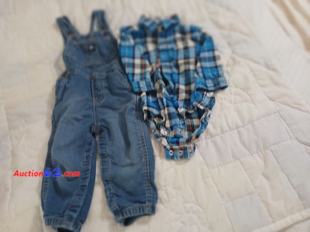 Lot 44-2116g - Gently used 18 month baby b'gosh adjustable 2 button overalls and one gently used 18 month Oshkosh b'gosh flannel onesie.  See photos. Used ...