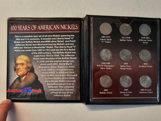 Lot 44-8352u - 100 YEARS OF AMERICAN NICKELS WITH V NICKEL, BUFFALO NICKEL, JEFFERSON, WAR NICKEL, INDIAN PEACE NICKEL KEELBOAT NICKEL '05 BUFFALO NICKEL O...