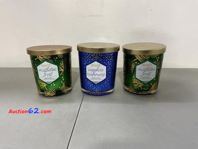 Lot 44-1589b - Bellevue Luxury Candles, 3 soy blend candles 12 oz each, 2 mistletoe frost, 1 sapphire cashmere- Removable Labels, Lead-Free Wicks, Fragranc...