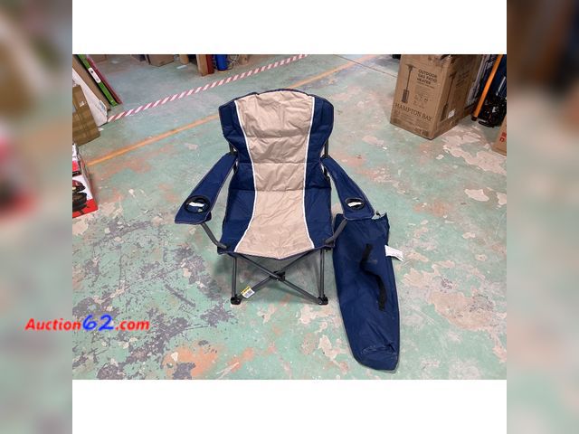 Lot 44-818f - Hampton Bay Camping Chair - With Cup Holders, Carry Bag - Blue and Beige Not Tested E-Commerce Return, A basic inspection has been given to ...