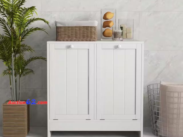 Lot 44-1105b - $88 Retail value- Floor Cabinet White 26.75 in. Accent Cabinet Office Storage Cabinet with 2-Shelves and Modern Clothing Storage Basket 1. A...