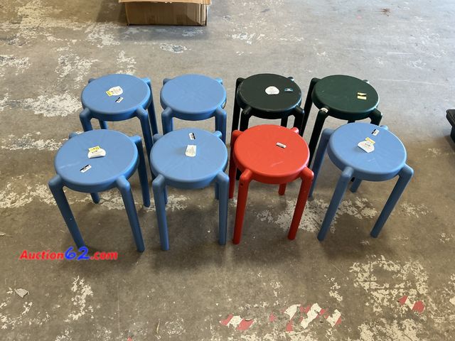 Lot 44-1103m - Set of 8 Accent Tables - Blue, Green, and Red Plastic Stools E-Commerce Return, A basic inspection has been given to this item. Sold AS-IS. ...