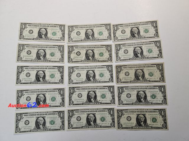 Lot 44-8331u - FIFTEEN (15) BARR DOLLARS. 1963B SERIES JOSEPH W BARR DOLLAR BILLS ARE AMONG THE MOST SOUGHT-AFTER U.S. PAPER MONEY OF THE LATE 1960S. SHORT...