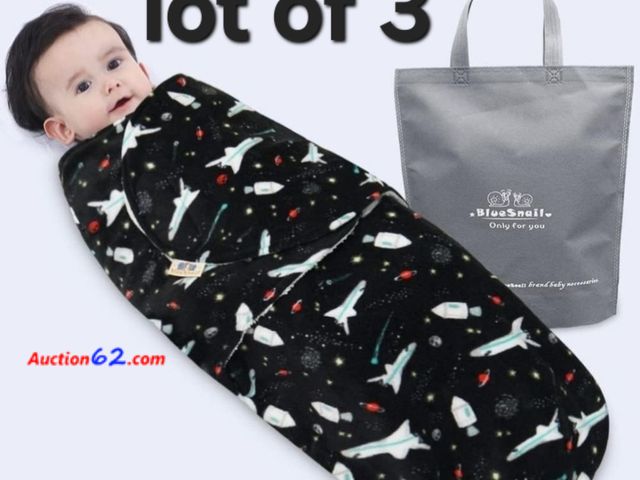 Lot 44-6500k - Lot of 3 BlueSnail Baby Swaddles, Soft and Comfortable, Newborn Easy Wrap Receiving Blanket, (Black, 0-3 Months) Appears New, A basic inspec...