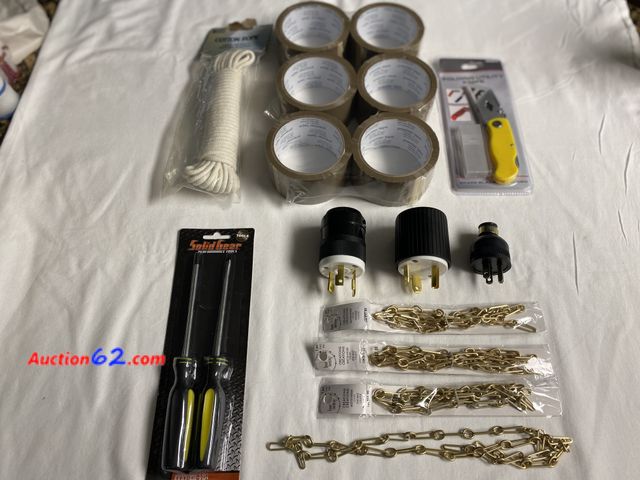 Lot 44-2101b - New. Mix lot of misc items. 6 pack of tape. 2 pk magnetic screwdrivers. 1 folding utility knife with extra blades. 3 replacement plugs. 50 f...