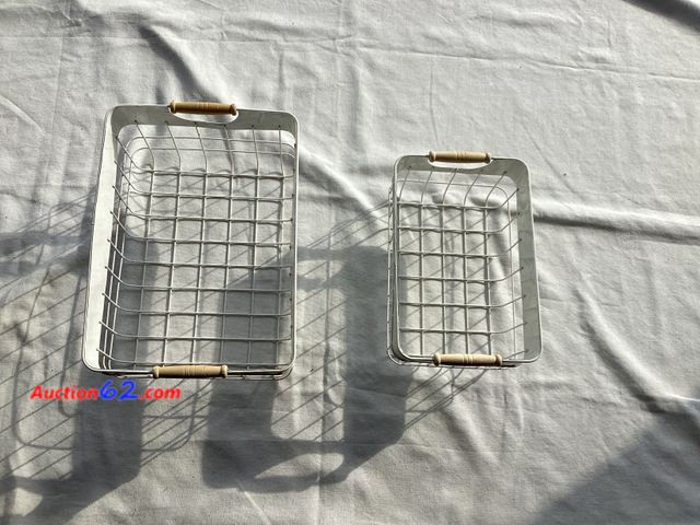 Lot 44-7880P - Lot of (2) white wire baskets with wooden handles. 1 large &amp; 1 small.  Appears New, A basic inspection has been given to this item. Sold...
