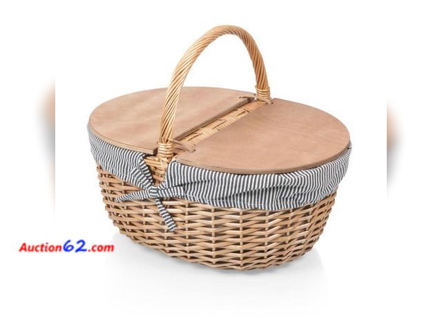 Lot 44-1619b - PICNIC TIME - Country Vintage Picnic Basket with Lid - Wicker Picnic Basket for 2, (Navy Blue &amp; White Stripe) 1. Appears New, A basic in...