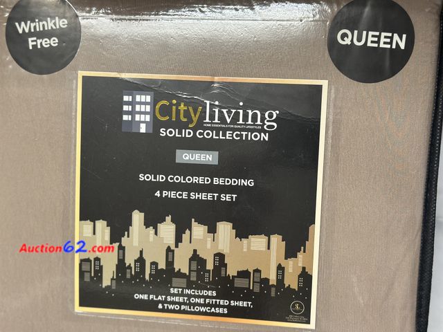 Lot 44-6179o - City living 4 pc queen size sheet set fitted flat 2 pillow cases. Light weight super soft. wrinkle free. New. See All Photo's Not Tested Nev...