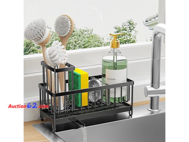 Lot 44-5520k - Cisily Black Sponge Holder for Kitchen Sink, Sink Caddy Organizer with High Brush Holder, Appears New, A basic inspection has been given to ...