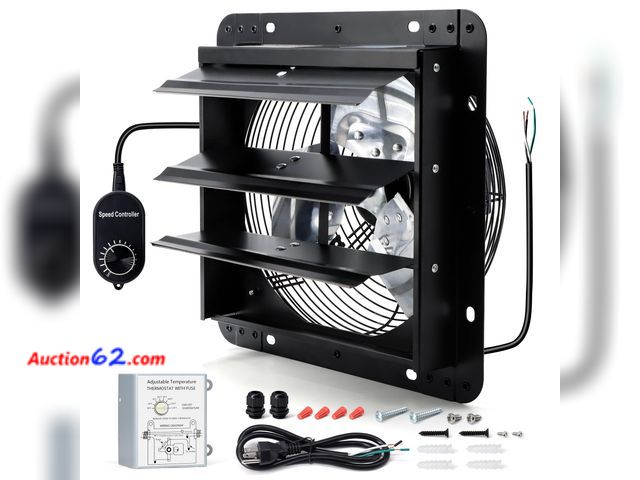 Lot 44-208m - $89.99 Retail price - Hipoilk 7 Inch Wall Mounted Shutter Exhaust Fan with Thermostat and Speed Controller for Attic, Greenhouse, Shed, Gara...