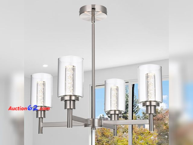 Lot 44-445o - $169.99 Retail price - VINLUZ LED 4-Light Brushed Nickel Chandelier for Dining Room, Modern Farmhouse Chandelier with Clear Bubble Crystal G...