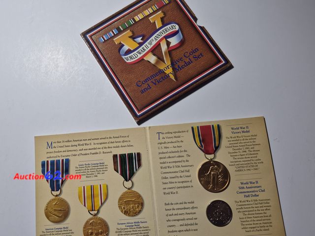 Lot 44-8336i - WORLD WAR II 50TH ANNIVERSARY COMMEMORATIVE CLAD HALF DOLLAR COIN AND VICTORY MEDAL SET. IN ORIGINAL U.S. MINT PACKAGING.-NT