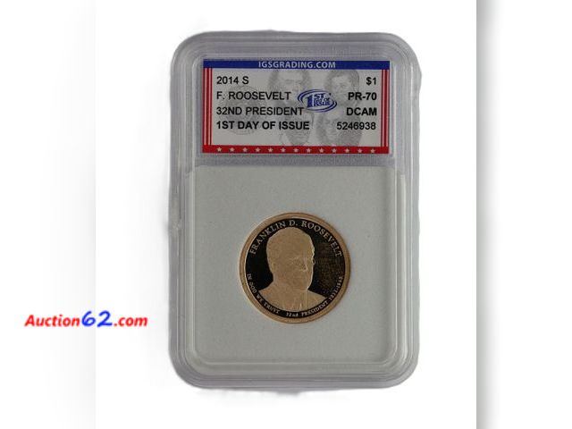 Lot 44-8344m - 2014-S FRANKLIN ROOSEVELT PRESIDENTIAL DOLLAR PROOF GRADED PR-70 DCAM 1ST DAY OF ISSUE (PERFECT GRADE!) BY IGS.-NT