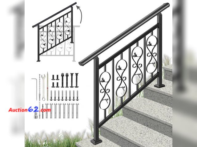 Lot 44-1630w - $149.99 Retail price - Lsiron 4 Step Handrails for Outdoor Steps, Adjustable Black Wrought Iron Railing for Stairs with Unique Pattern Desig...