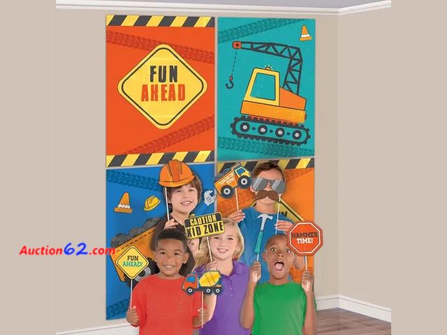 Lot 44-5503f - Lot of 6 - Construction Themed Photo Booth Props | Multicolor | 16 pcs set (4 posters, 12 photo props per set) Appears New, A basic inspecti...