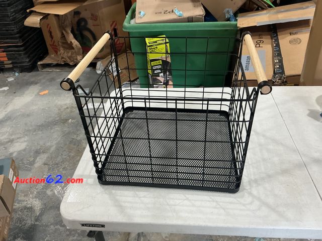 Lot 44-1198j - Black Wire Basket with Wood Handles Appears New, A basic inspection has been given to this item. Sold AS-IS.