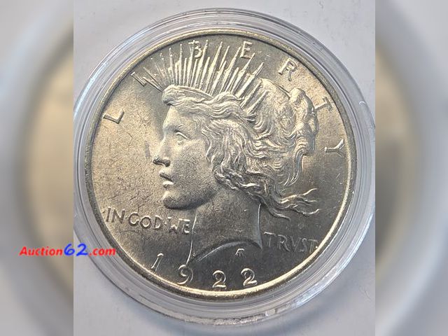 Lot 44-8326v - BRILLIANT UNCIRCULATED 1922 LIBERTY HEAD 90% SILVER PEACE DOLLAR. COMES IN A PROTECTIVE CAPSULE! MINTED IN PHILADELPHIA.-NT