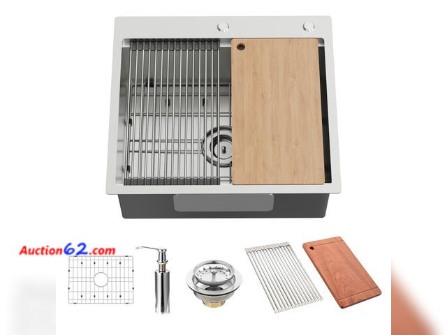 Lot 44-748w - $164.9 Retail price - Kitchen Sink Workstation, 25x22 Inch Stainless Steel Drop In Kitchen Sink Modern Single Bowl Kitchen Sink Accessory Co...