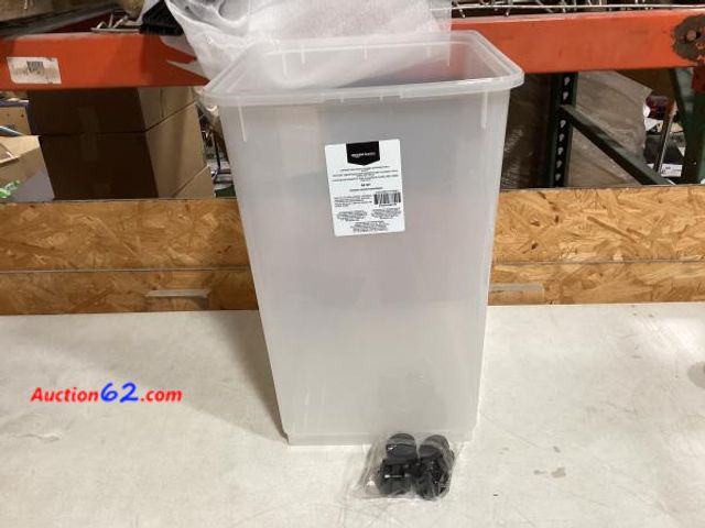 Lot 44-245b - Amazon Basics Airtight Dog Food Storage Container W/ Wheels, 69 QT, Gray- No Scooper or Lid - 2. Ecommerce Return, A basic inspection has be...