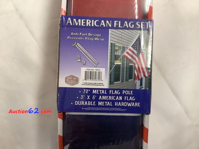 Lot 44-6165w - AMERICAN FLAG SET, 72” Metal Flag Pole, 3”x5” American Flag, Durable Metal Hardware, See All Photo's Not Tested Never opened, Factory Sealed