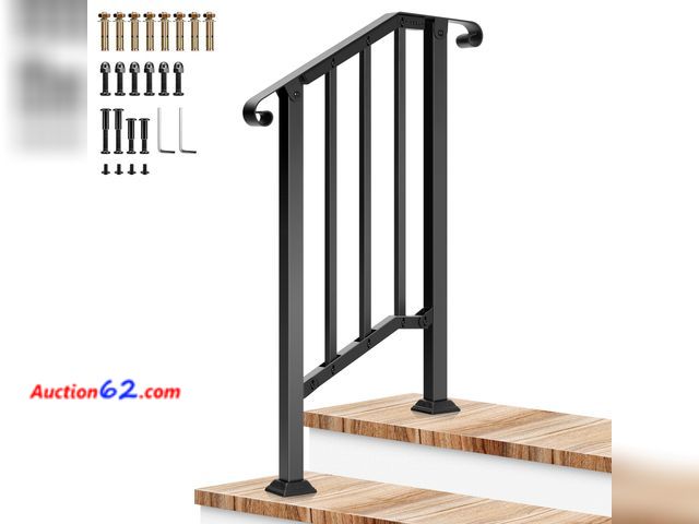 Lot 44-1594o - VIVOSUN Outdoor Handrail, 2 Step Stair Handrail, 26" x 36" Fits 1 to 2 Steps, Wrought Mattle Iron Stair Railing with Curved Ends and Baluste...