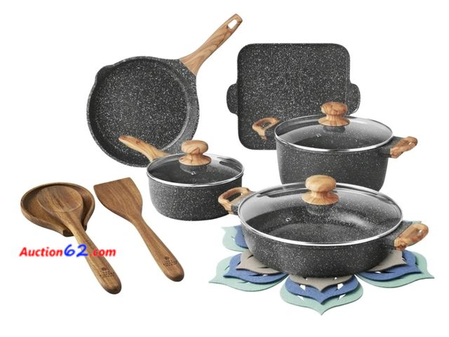 Lot 44-7077m - The Pioneer Woman Prairie Signature 14-piece cast aluminum cookware set, charcoal speckle Appears New, A basic inspection has been given to ...