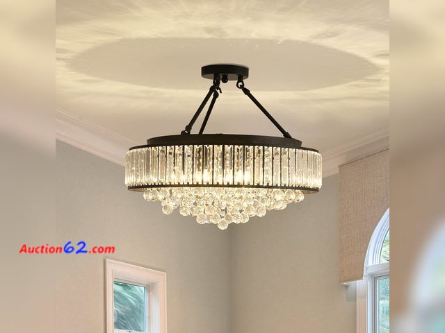 Lot 44-1587o - $151.99 Retail price - YYJLX 6-Light Modern Large Crystal Chandelier Black Metal E26 Semi Flush Mount Round Light Fixture Ceiling Lamp Farmh...