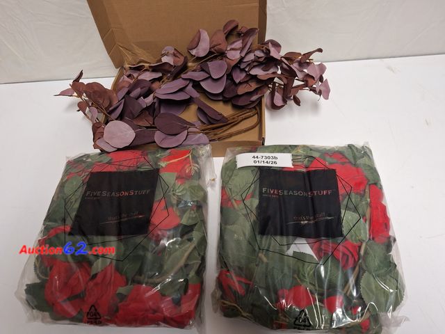 Lot 44-7303b - Lot of (3)  1-purple garland and 2-artifical rose vine fake flowers garland  E-Commerce Return, A basic inspection has been given to this it...