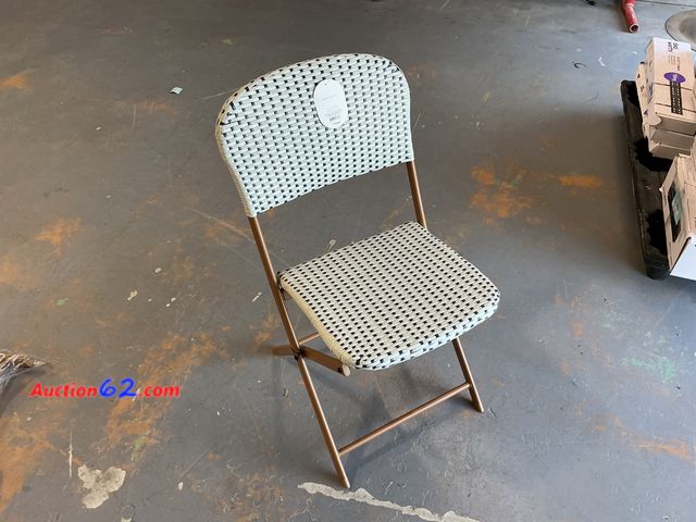 Lot 44-828 - Threshold Folding Patio Cafe Chair White Blue Woven Steel Frame See All Photo's Not Tested Appears New, A basic inspection has been given to...